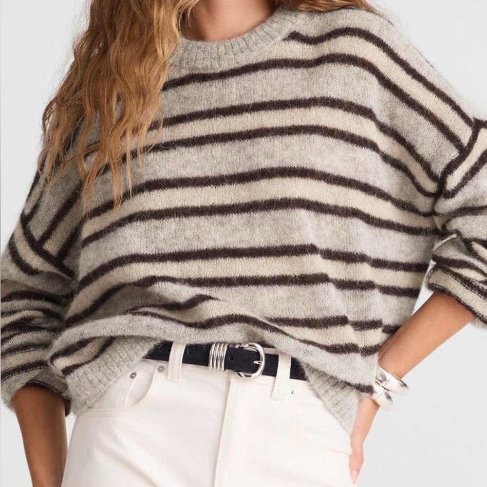Madewell Gray and Black Striped Crewneck Sweater